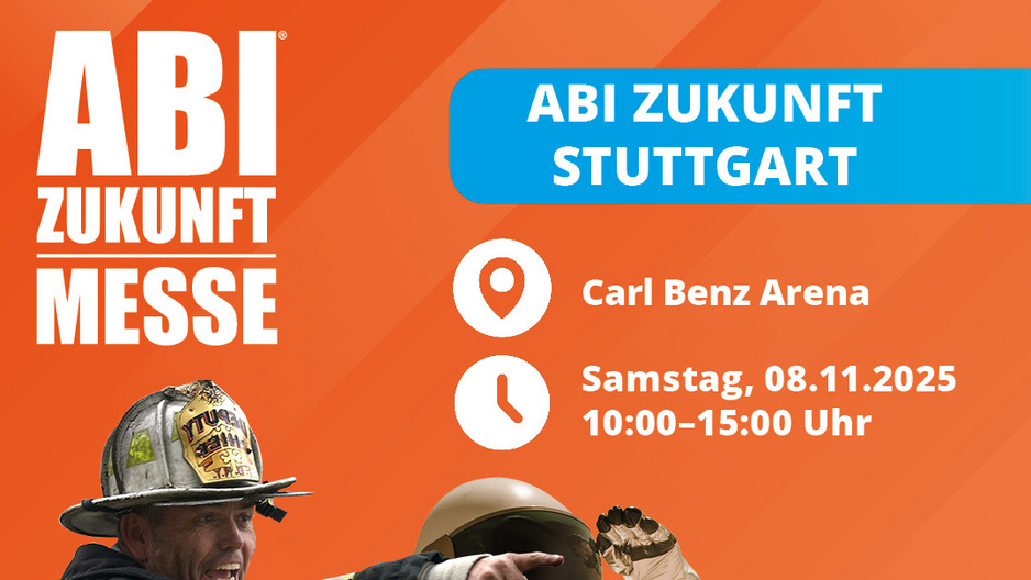 Flyer mit Informationen zur ABI Messe in Stuttgart, an der das Landratsamt Ludwigsburg teilnehmen wird. Darauf zu sehen sind ein Feuerwehrmann, ein Astronaut und eine Studienabsolventin mit Urkunde in der Hand