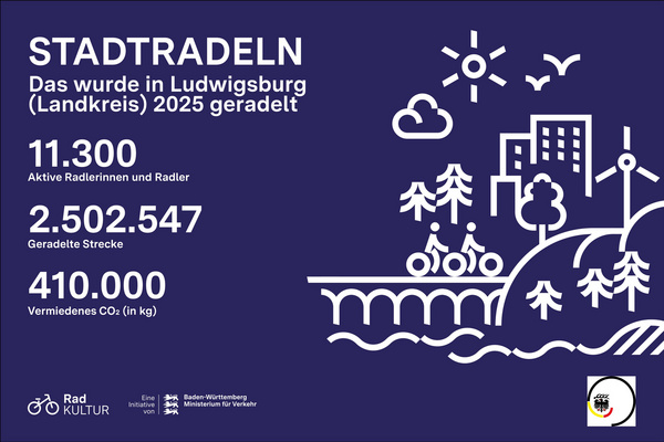 Grafik zum Stadtradeln in Ludwigsburg 2025. Es wird aufgeführt: 11.300 aktive Radler, 2.502.547 geradelte Kilometer und 410.000 kg vermiedenes CO₂. Icons zeigen Radfahrer, Bäume und städtische Elemente, um den Fokus auf das Radfahren und den Umweltschutz zu legen.