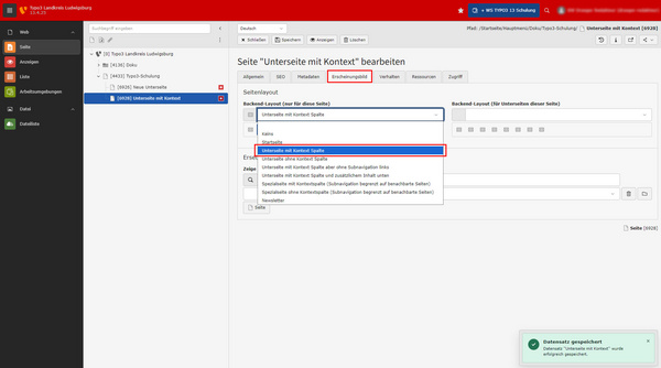 Eine Benutzeroberfläche zur Bearbeitung einer Seite mit dem Titel "Unterseite mit Kontext". Auf der linken Seite befindet sich ein Menü, während im Hauptbereich ein Auswahlfeld für den Seitentyp markiert ist. Oben sind Optionen zum Speichern oder Abbrechen sichtbar.
