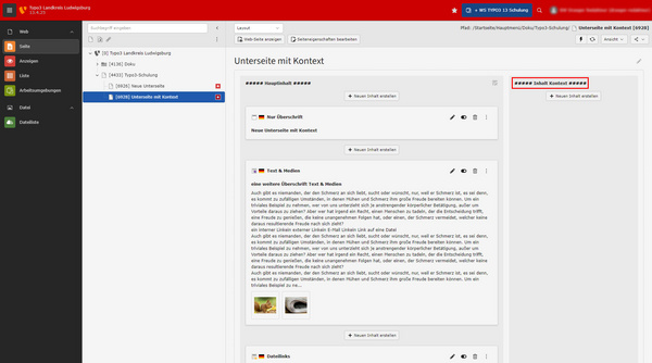 Eine Webseite mit dem Titel „Unterseite mit Kontext“. Auf der linken Seite befindet sich ein Navigationsmenü, und im Hauptbereich sind zwei leere Felder für „Neue Übersicht“ und „Neue Übersicht mit Kontext“ zu sehen. Ein Hinweis informiert über eine abgeschlossene Synchronisation.