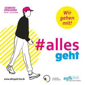 Eine stilisierte Grafik zeigt eine Person, die durch die Stadt geht. Der Hintergrund ist in leuchtenden Farben gehalten, mit dem Text "#alles geht" und dem Hinweis auf eine Schritte-Challenge, die vom 1. Oktober bis 31. Oktober 2026 stattfindet. (Text KI generiert)