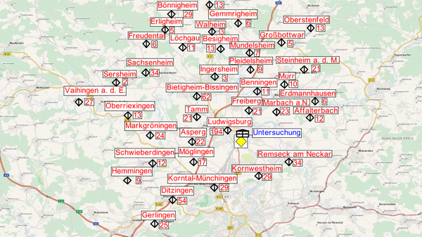 A detailed map featuring a region with marked locations. Labels indicate various towns and places, primarily in German. A yellow icon for a specific point of interest is highlighted in the center. The background shows terrain details in light green and gray tones.