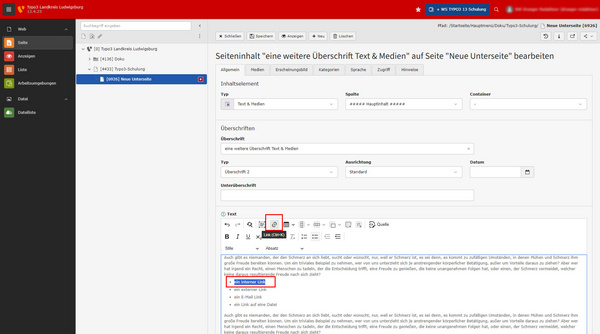 Das Bild zeigt eine Benutzeroberfläche eines Content-Management-Systems mit Menüelementen auf der linken Seite. In der Mitte sieht man ein Eingabefeld für Text mit einer Überschrift und einem bearbeitbaren Textbereich, der Beispiele und Links enthält.
