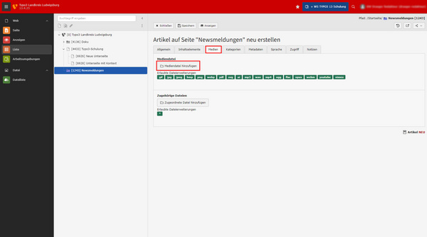 A web interface displaying the section for creating new articles on a "News" page. It includes options for adding media, categorizing articles, and setting access permissions. The layout features a navigation menu on the left and a main content area for article details and controls.