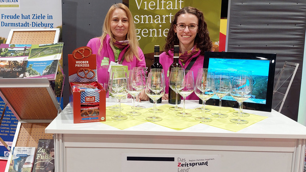 Zwei Frauen stehen an einem Informationsstand für den Landkreis Ludwigsburg. Auf dem Tisch sind Gläser und Broschüren ausgestellt. Hinter ihnen sind Plakate, die für Vielfalt und Erlebnisse in der Region werben. Der Stand vermittelt einladende Informationen und regionale Produkte.