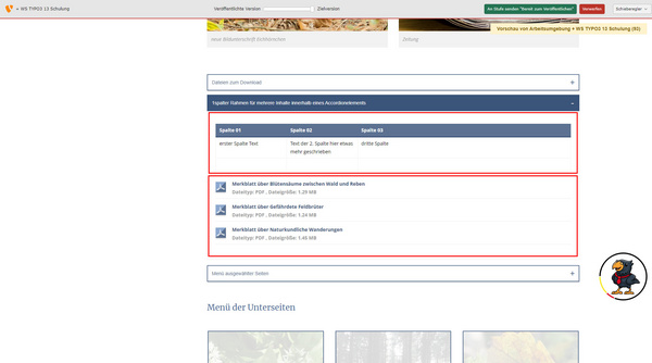 Der Screenshot zeigt eine Übersicht über herunterladbare Inhalte. In einem hervorgehobenen Abschnitt sind zwei Spalten mit Titeln und Download-Links für verschiedene Dokumente aufgelistet, darunter Informationen zu Themen wie Bindungen zwischen Mensch und Medien.