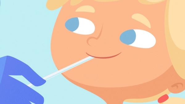 Une illustration montre un enfant souriant pendant qu'un professionnel de santé, portant des gants, réalise un prélèvement avec un écouvillon. Un chronomètre indique "30 secondes" à côté de l'image.