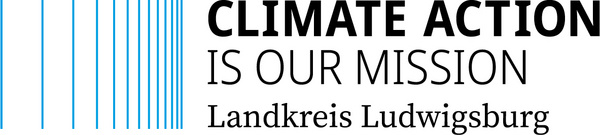 Text reads: "CLIMATE ACTION IS OUR MISSION. Landkreis Ludwigsburg." The design features vertical blue lines alongside the text, emphasizing the commitment to climate action.