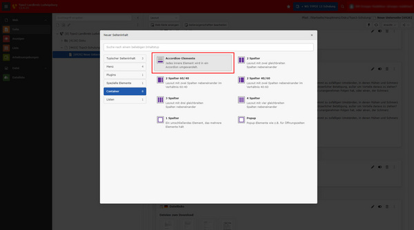 Das Bild zeigt ein Benutzerinterface mit verschiedenen Optionen für "Aktionselemente". Der Bereich, in dem "Aktionselemente" hervorgehoben ist, ist rot umrandet. Es gibt mehrere Auswahlmöglichkeiten, darunter "Spalten"- und "Container"-Elemente.