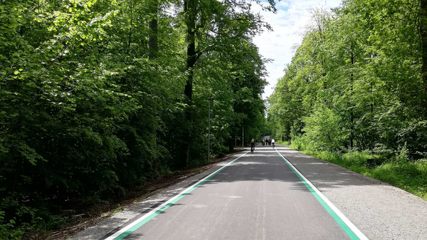 A tree-lined pathway stretches into the distance, with a smooth, dark surface featuring green markings on the edges. The scene conveys a peaceful, natural environment, inviting pedestrians and cyclists to enjoy the outdoor space.