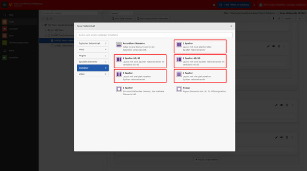 Eine Benutzeroberfläche zeigt eine Auswahl an Elementen für eine Anwendung. Es sind mehrere Optionen in einem Menü sichtbar, darunter „Accordion-Elemente“ und verschiedene Typen von „Sprechern“, die zur Präsentation von Informationen dienen. Einige Optionen sind hervorgehoben.