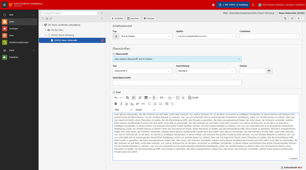 Der Screenshot zeigt ein Content-Management-System (CMS), in dem ein Textbereich hervorgehoben ist. Der Benutzer kann Text bearbeiten, formatieren und speichern. Links sind Menüoptionen und eine Dateistruktur sichtbar. Verschiedene Schaltflächen und Einstellungen zur Anpassung des Inhalts sind erkennbar.
