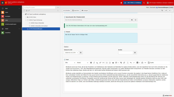 The image displays a content management interface for a website, featuring a list of sections and an editor area. It appears to be related to a cultural exhibition, including details about events and participants, with input fields for title, date, and archived content.