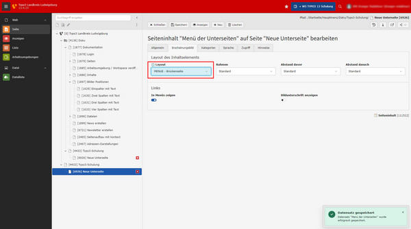 Capture d'écran d'une interface de gestion de contenu avec un menu sur la gauche. Une section montre les paramètres de mise en page pour un élément intitulé "Menu - Bruchkonsete," avec des options pour le style, l'espacement et des liens.