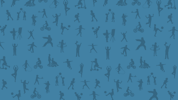 Eine Vielzahl von stilisierten menschlichen Figuren, die verschiedene sportliche Aktivitäten ausüben, ist auf einem blauen Hintergrund angeordnet. Die Figuren sind in verschiedenen Positionen, wie Radfahren, Tanzen und Sport treiben, dargestellt und vermitteln ein Gefühl von Bewegung und Aktivität.