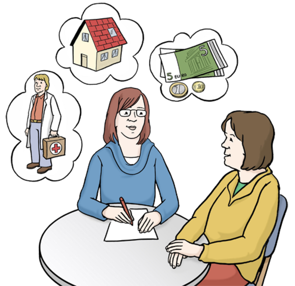 Zwei Frauen sitzen an einem Tisch und sprechen miteinander. Eine Frau schreibt auf ein Blatt Papier. Über ihnen schweben Gedankenblasen mit Symbolen: ein Haus, Geldscheine und eine Person in einem Arztkittel.