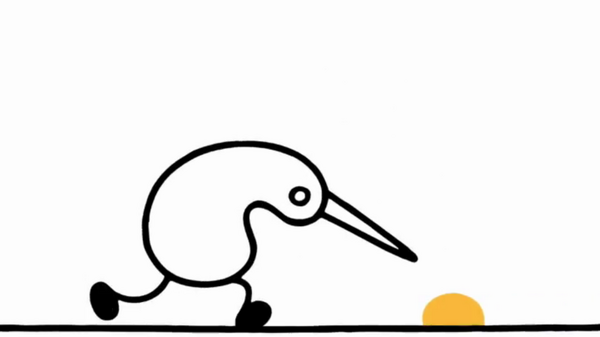 A simple line drawing depicts a stylized kiwi bird walking towards a small, orange sun. The background is white, emphasizing the bird and sun, creating a playful and minimalistic scene.