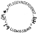 Immagine che rappresenta un logo circolare con la scritta "Pflegekinderdienst, Ludwigsburg". All'interno del cerchio, ci sono semplici illustrazioni di una casa e figure stilizzate di bambini. Il design è sobrio e informale, comunicando un servizio per bambini. (Text KI generiert)