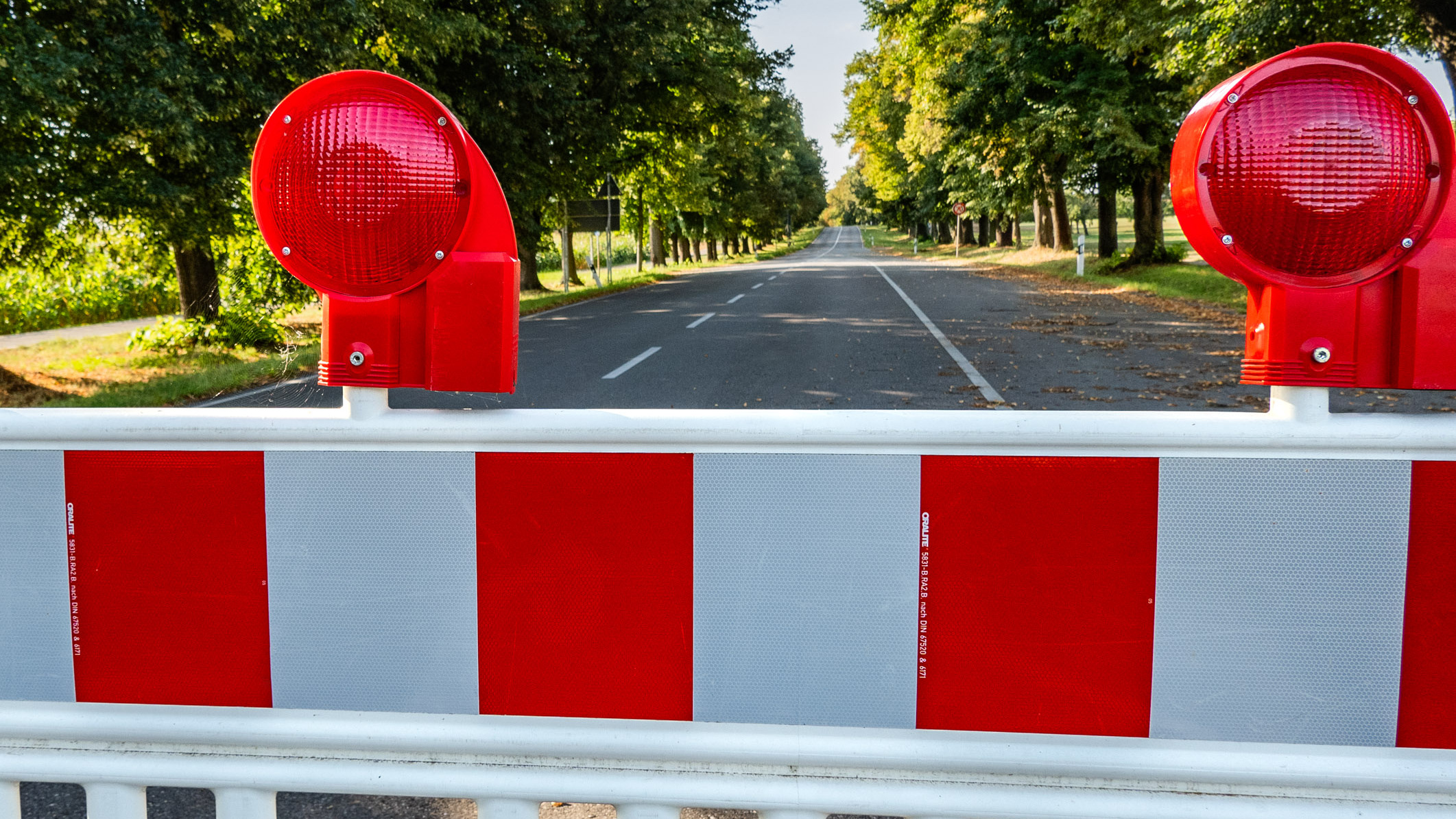 A red and white barrier blocks a deserted road flanked by green trees. Two red traffic lights indicate the closure of the road ahead, signaling to drivers that passage is restricted.