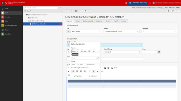 Das Bild zeigt eine Benutzeroberfläche zum Erstellen von Inhalt auf einer Webseite. Es sind Felder für Titel, Beschreibung und Optionen sichtbar. Es gibt auch Auswahlmöglichkeiten zur Formatierung und Anpassung des Layouts.