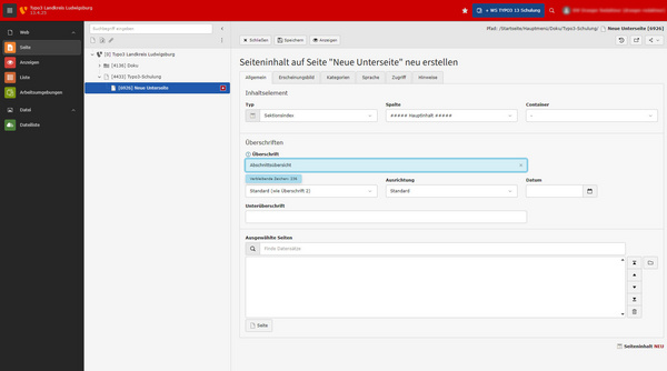 Interface d'un logiciel affichant la création d'un contenu de page. On y voit des sections pour le type, le lien, et les sous-titres. Un arbre de navigation est visible à gauche, indiquant différentes catégories et éléments réduits. Les termes sont en allemand, suggérant un contexte lié à la gestion de contenu.