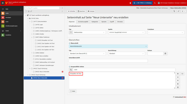 Image montrant une interface de logiciel avec un menu latéral à gauche et des champs de saisie à droite. Le titre "Dringend notwendig" est visible, ainsi que des options de type, de lien et d’aperçu de pages. Textes en allemand.