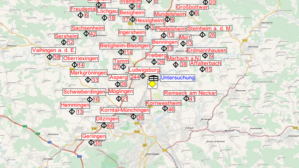 A geographical map highlighting various locations in a central area, marked with labels in red. The text includes city names, with "Utenberich" prominently noted. The map features a light green background with outlined roads and geographical details.