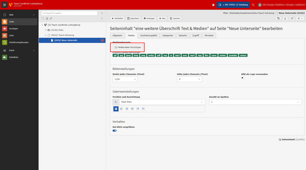 Screenshot eines TYPO3-Backend-Editors. Die Oberfläche zeigt die Bearbeitung eines Inhaltsbereichs mit dem Titel "Noch eine Überschrift" und Optionen für Medienanpassungen und Galerieneinstellungen. Der Fokus liegt auf der Eingabemaske zur Medienhochladung und verschiedenen Konfigurationsfeldern.