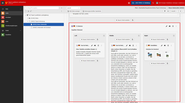 Eine Benutzeroberfläche zeigt drei Spalten: links, in der Mitte und rechts. Jede Spalte enthält verschiedene Inhalte, darunter Texte und Miniaturansichten von Bildern. Die Oberfläche ist in einem modernen, klaren Design mit einer rot-grauen Farbgebung gestaltet.