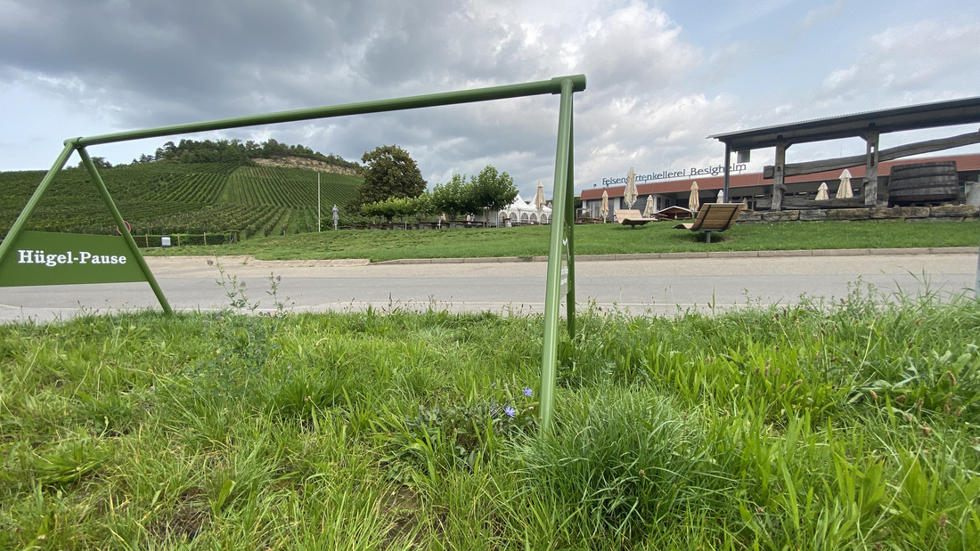 Eine grüne Schaukel-Gestell mit der Beschriftung „Hügel-Pause“ steht im Vordergrund, umgeben von einer Wiese mit Gras und einigen Blumen. Im Hintergrund sind Weinberge und ein Gebäude mit Außenbestuhlung sichtbar, was auf eine entspannende Umgebung hinweist. Der Himmel ist bewölkt.