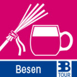 Das Bild zeigt einen Besen und ein Glas. Der Hintergrund ist in einem kräftigen Pink gehalten, und unten steht das Wort "Besen". Dieses Design könnte einen Bezug zu einem festlichen oder kulinarischen Event herstellen.