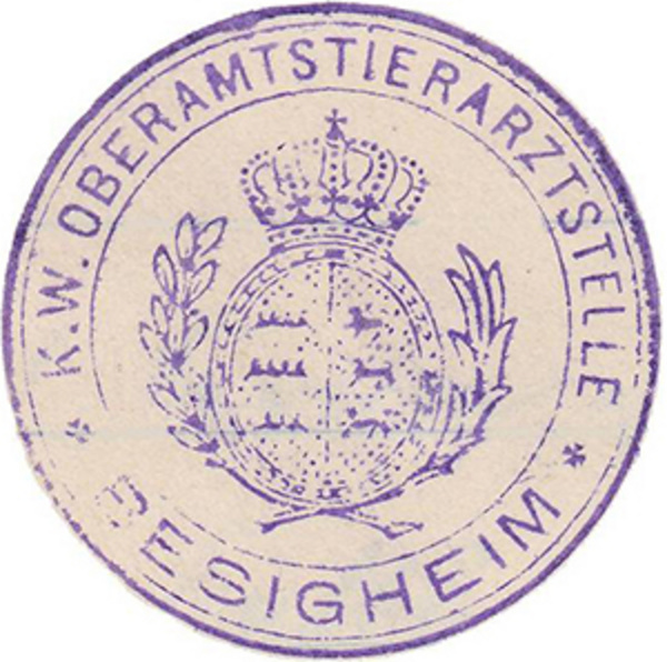 Dienstsiegel ca. 1900 Ansicht Dienstsiegel "K.W Oberamtstierarztstelle Besigheim" um ca. 1900