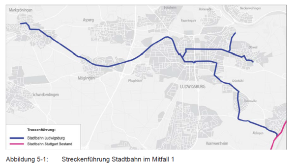A map displaying the route of the light rail system in Ludwigsburg, outlined in dark blue. The map indicates existing and proposed lines but features no additional geographic details or landmarks. Labels for towns and streets are minimal, focusing on the transit routes.