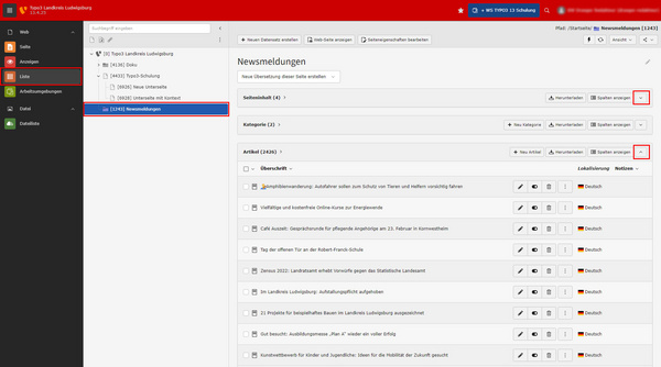 The image depicts a web interface for a content management system, featuring a navigation panel on the left with sections labeled "Web," "Dateien," and "Nachrichten." The main content area includes a header for "Newsmeldungen" indicating it's a news section, but no specific news items are visible.