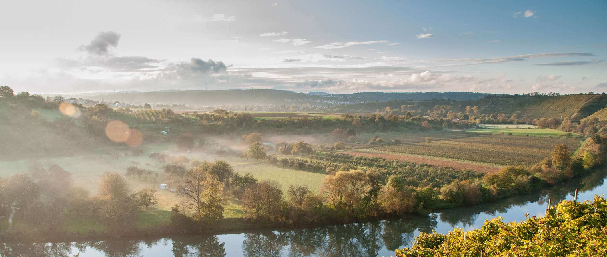 Neckar bei Hessigheim Header Bild: Eine malerische Landschaft mit sanften Hügeln und einem ruhigen Fluss, der durch grüne Wiesen fließt. Der Morgennebel umhüllt die Szenerie und schafft eine friedliche Atmosphäre. Im Vordergrund sind Weinreben zu sehen, die die Idylle der Umgebung unterstreichen.