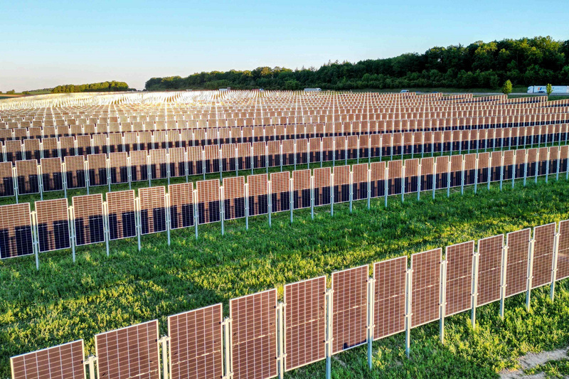 Eine große Fläche mit zahlreichen Solarzellen, die in mehreren Reihen auf einem grünen Feld aufgestellt sind. Im Hintergrund sind Bäume und ein klarer Himmel zu sehen. (Text KI generiert)
