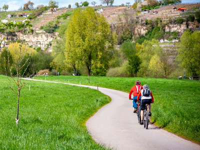 Zwei Radfahrer fahren auf einem schmalen Weg durch eine grüne Landschaft. Im Hintergrund sind sanfte Hügel und Bäume zu sehen. Die Szene vermittelt ein Gefühl von Aktivität und Naturverbundenheit.