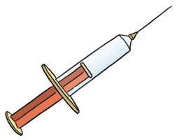 Eine Spritze mit einem weißen Zylinder und einem roten Kolben. Die Nadel zeigt nach oben und ist schmal.