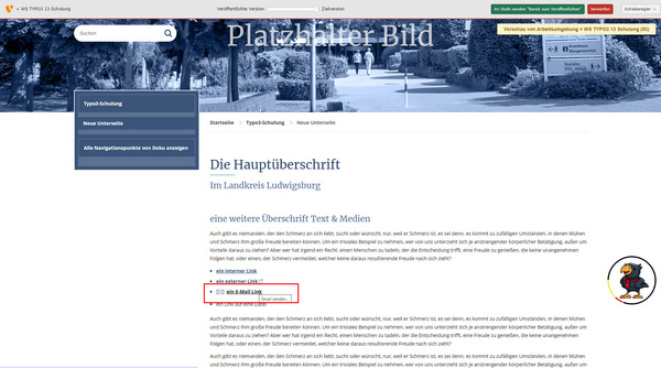 Platzhalterbild auf einer Webseite, die Informationen zum Landkreis Ludwigsburg präsentiert. Oben sind Menüs zu sehen, und im Mittelpunkt steht eine Hauptüberschrift, die auf weitere Inhalte hinweist. Ein roter Kasten hebt eine spezielle Aussage hervor.