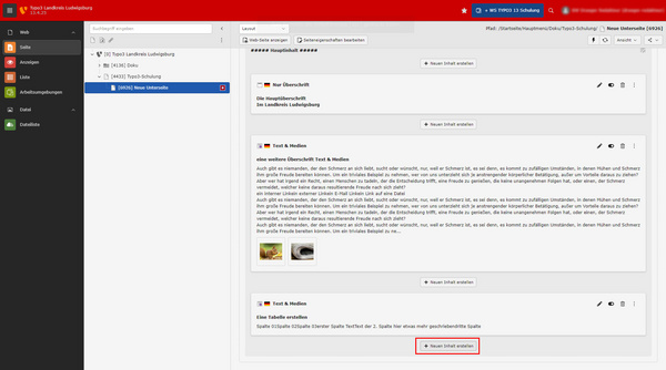 Screenshot eines Content-Management-Systems (CMS) mit einem hervorgehobenen Textfeld. Der linke Bereich zeigt verschiedene Navigationsoptionen. Im Hauptbereich wird ein Beispieltext angezeigt, der über das Erstellen einer Tabelle informiert. Es gibt auch Anweisungen zur Bearbeitung von Inhalten im CMS.