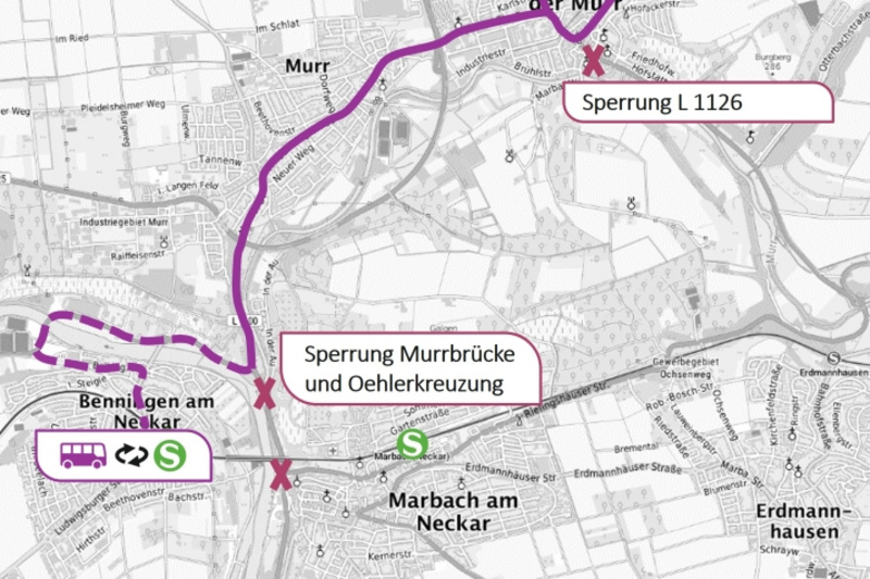 Eine Karte zeigt die Sperrungen in der Umgebung von Benningen am Neckar, einschließlich der Sperrung der Murrbrücke und der Oehlerkreuzung. Die Umleitungsstrecken sind in lila eingezeichnet. Mehrere Orte wie Winzerhausen und Beilstein sind ebenfalls markiert.
