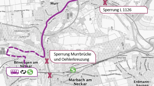Eine Karte zeigt die Sperrungen in der Umgebung von Benningen am Neckar, einschließlich der Sperrung der Murrbrücke und der Oehlerkreuzung. Die Umleitungsstrecken sind in lila eingezeichnet. Mehrere Orte wie Winzerhausen und Beilstein sind ebenfalls markiert.