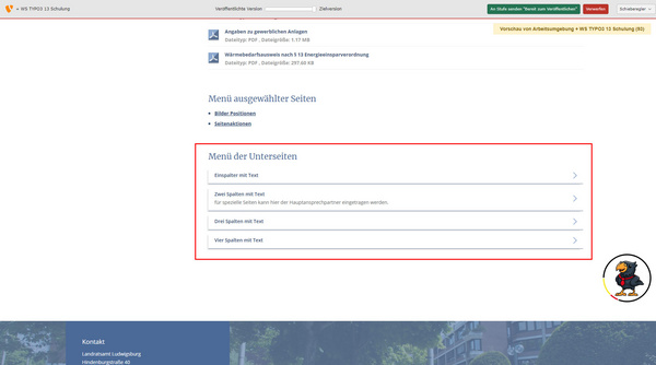 Cette image montre une interface utilisateur avec un menu sur le côté gauche, indiquant des sous-sections telles que "Liens", "Fichiers - Règle", "Images", et "Spécialités". Le document principal mentionné est "Merkblatt SP" avec une taille de 36 Ko.