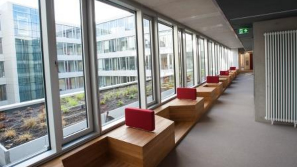 A corridor with large windows on one side, featuring wooden seating areas with red cushions. Outside, a landscaped area is visible. The space appears modern and bright, creating an inviting atmosphere for relaxation or study.