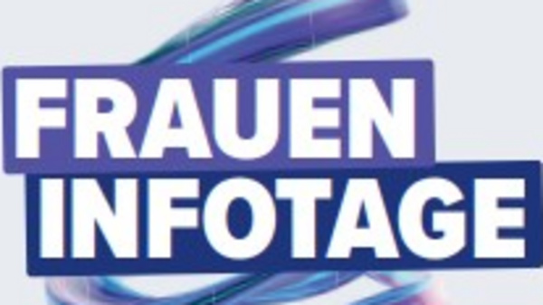 Text: "Logo für die Fraueninfotage, das in lebendigen Farben gestaltet ist. Der Schwerpunkt liegt auf dem Wort 'FRAUEN', das auffällig hervorgehoben ist, gefolgt von 'INFOTAGE' in größerer Schrift. Das Design vermittelt ein modernes und dynamisches Gefühl."