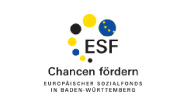 The image features the logo of the European Social Fund (ESF) with the slogan "Chancen fördern" (Promoting Opportunities). It includes circular dots in yellow, black, and blue, with a representation of the European Union flag. The text identifies the fund's location in Baden-Württemberg.
