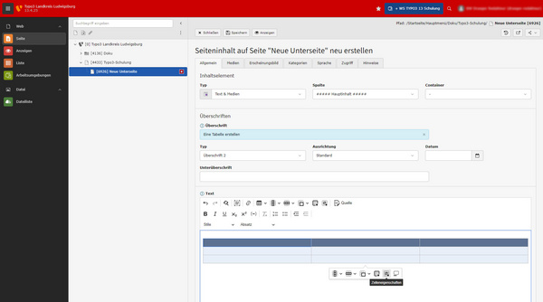 Screenshot einer Benutzeroberfläche zur Erstellung einer neuen Unterseite. Es sind Eingabefelder für Titel, Typ, Beschreibung und Detailinformationen sichtbar. Ein Textbearbeitungsbereich mit Formatierungsoptionen ist ebenfalls vorhanden. Die Struktur der Seite wird durch verschiedene Menüs auf der linken Seite ergänzt.