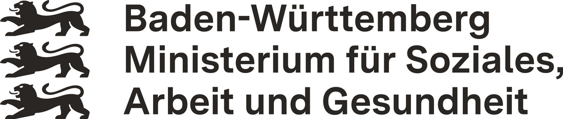 Logo des Ministeriums für Soziales, Arbeit und Gesundheit des Landes Baden-Württemberg. Darunter steht der Name des Ministeriums in klarer Schrift. Drei stilisierte Löwen sind oberhalb des Textes abgebildet.
