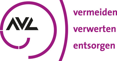 Logo von AVL mit den Begriffen "vermeiden", "verwerten" und "entsorgen" in lila Schrift. Die Begriffe sind in einer kreisförmigen Anordnung um das Logo angeordnet, das die Buchstaben "AVL" zeigt.