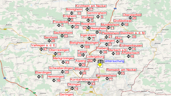 A detailed map featuring various locations marked with labels. The central focus is on a region with multiple place names highlighted in red and icons indicating points of interest. A prominent label reads "Unterfranken," indicating the area represented. Navigation arrows are present in the upper right corner.